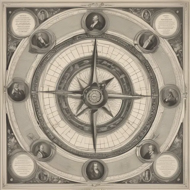 A metaphorical compass with political theorists as compass points, illustrating the guidance of political science