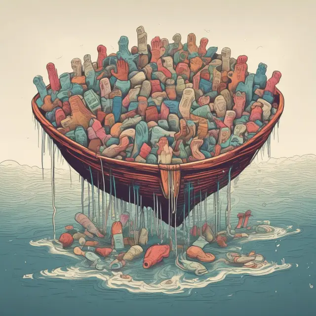 A melting pot of social welfare tokens pours resources into a hand-shaped boat, symbolizing support for individuals and families in need.
