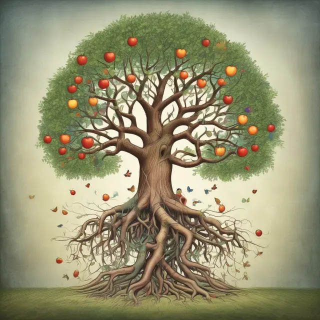 Nurturing tree symbolizes social welfare benefits: food (fruits), housing, healthcare, and childcare.