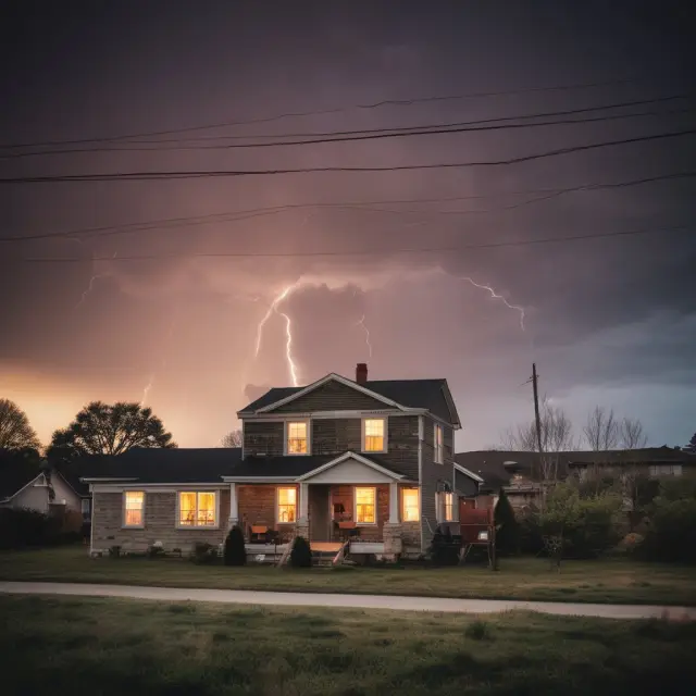 An energy-efficient house weathering a storm, with utility bill assistance and grants symbolized by umbrellas.