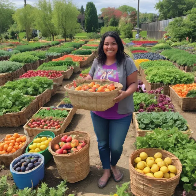Hand receiving nutritious fruits, vegetables, and grains from a WIC basket and grocery bags filled with various foods labeled SNAP. Background shows a lush garden growing.