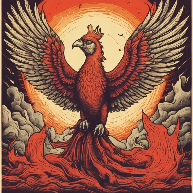 An ethereal phoenix rising from flames, illustrating the emergence of socialist ideas from historical roots and transforming economic systems.