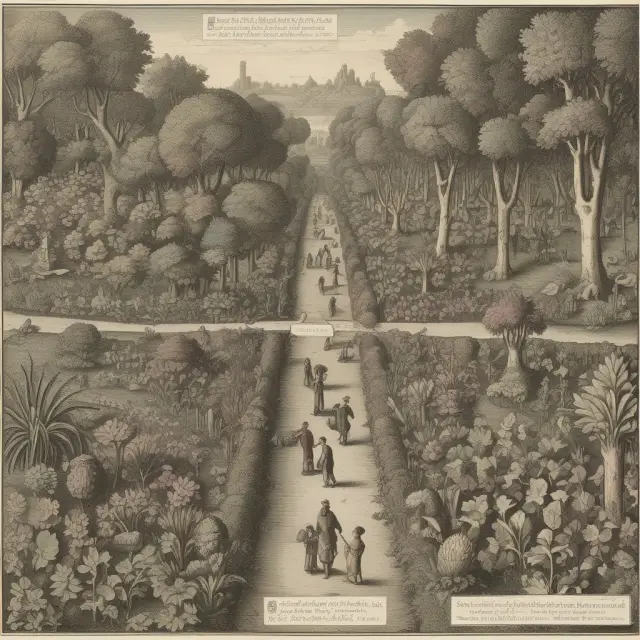 A flowing garden river connects ancient civilizations, feudal societies, industrial revolutions, and modern socialist movements, symbolizing the principle of collective ownership in history
