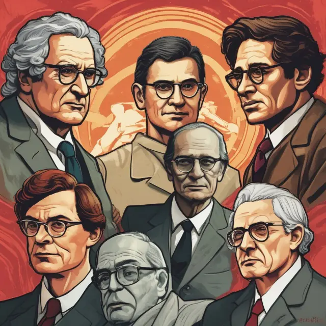 A garden with five influential socialist thinkers: Owen, Saint-Simon, Marx, and Lenin, nurturing the seeds of equality