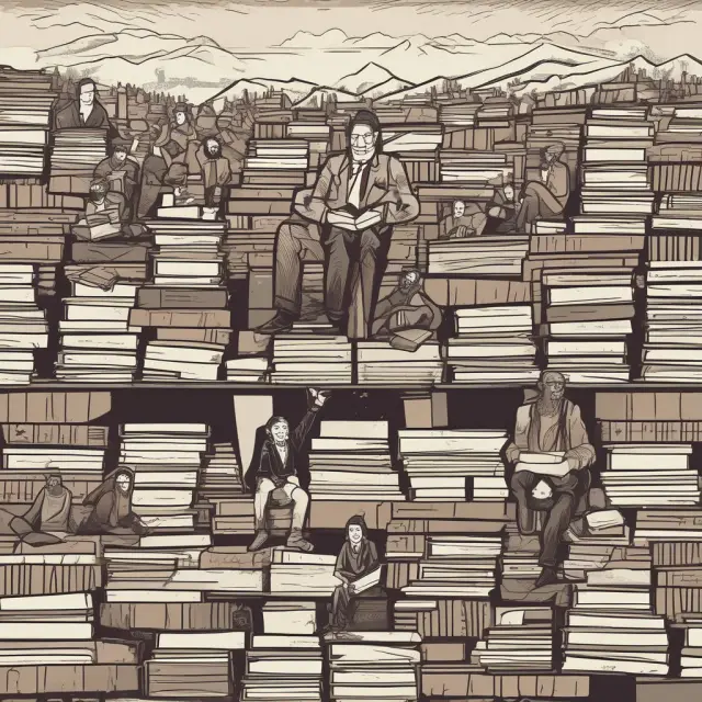 A group of scholars discussing socialism in an library setting, surrounded by piles of books and charts depicting resource distribution.
