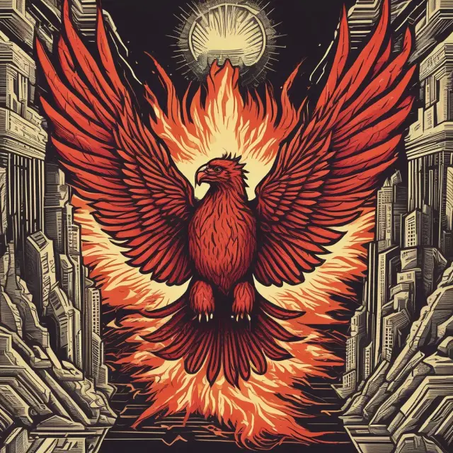 A socialist phoenix rises from the ashes of capitalism, representing the transformative potential and ongoing debate between economic systems.