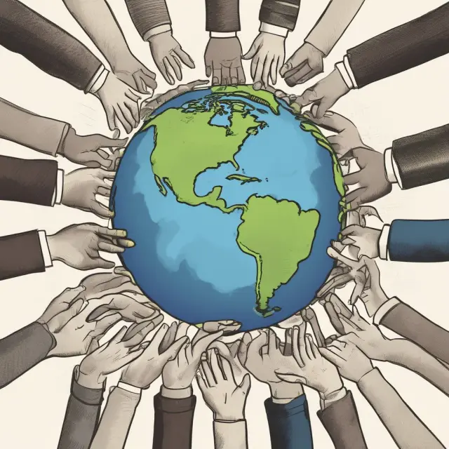 Image of a corporation shown as a hand reaching out to support the earth and a community, emphasizing Corporate Social Responsibility