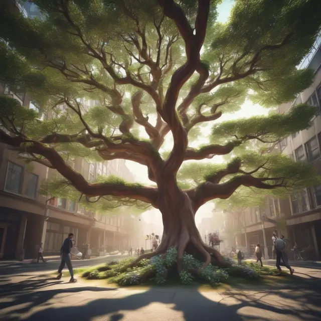 A sustainable tree symbolizing the future of corporate social responsibility (CSR) with millennials and technology as its roots.