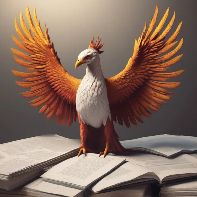 Phoenix rising from stacked papers representing articles of incorporation and a pile of gold coins symbolizing share capital, illustrating the formation of a Société Anonyme