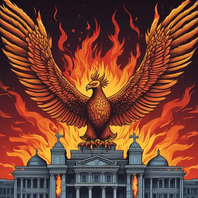 A government phoenix rising from flames represents the creation of State-Owned Enterprises through various methods like corporatization and new foundations