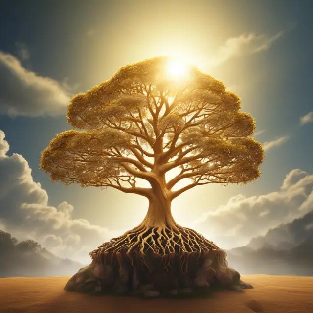 A golden tree with branches symbolizing SOEs thriving under the care of two hands - one hand representing profitability and the other, government support