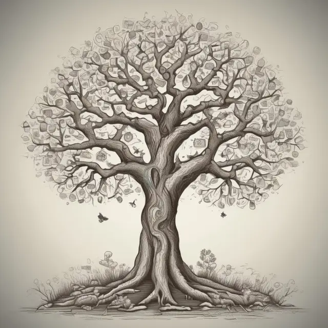 A metaphorical image of a lush, blooming tree with interconnected branches and leaves symbolizing SaaS FAQs, providing answers and clarity