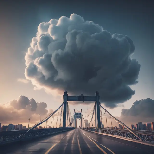 A bridge linking multiple companies to a fluffy, sprawling cloud, representing B2B Software as a Service.