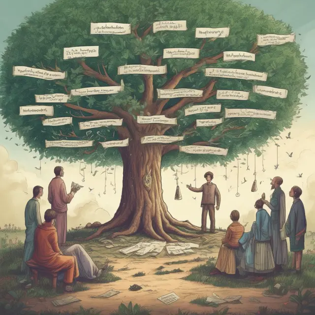 A wise sage sits under an ancient tree, offering answers to FAQs about sole proprietorships as branches with questions sprout from the tree.