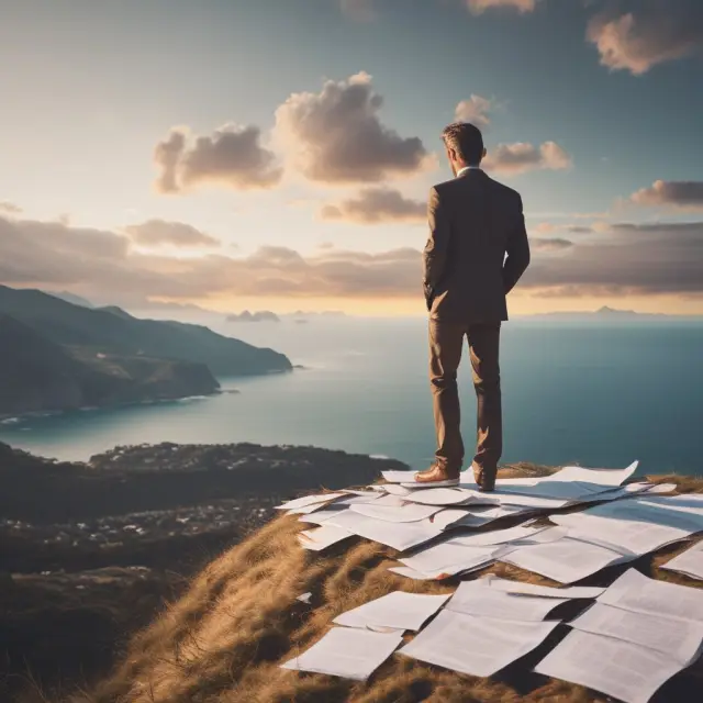 An entrepreneur triumphantly stands on a gold-topped hill, overlooking a tranquil sea, symbolizing the ease of creating a sole proprietorship.