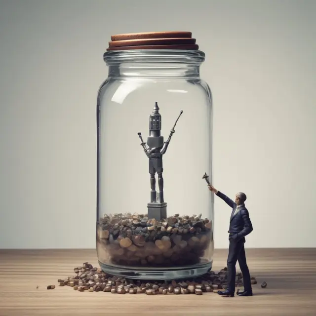 A person holding a fragile glass jar symbolizing personal assets stands precariously atop a sword, illustrating the unlimited personal liability in sole proprietorships.