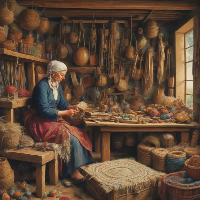 A person skillfully weaving financial documents like a tapestry, symbolizing reporting income and expenses as a sole proprietor