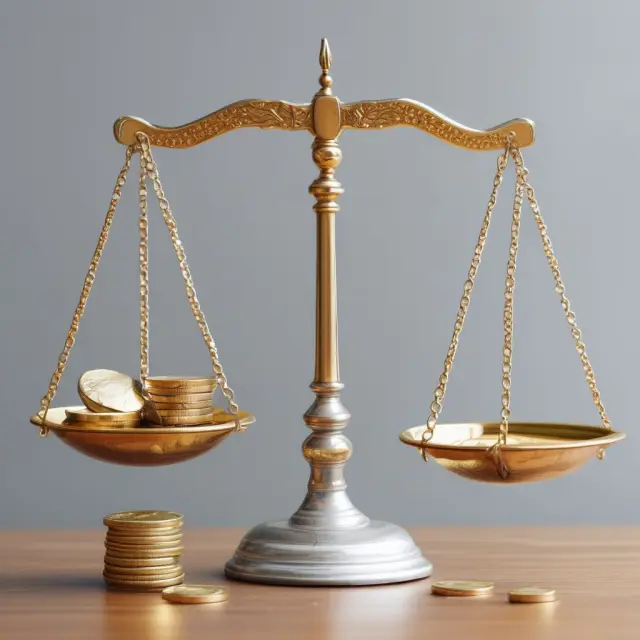 Gold scales balance assets (coins) against liabilities (coins), demonstrating solvency assessment through shareholders