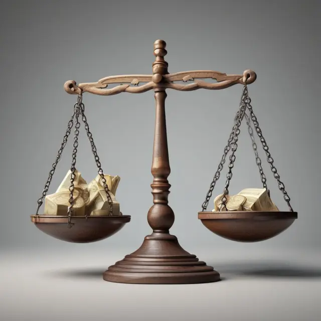 A balance scale with assets (gold coins) outweighing debts (red bags), signifying good debt-to-assets ratio and financial solvency