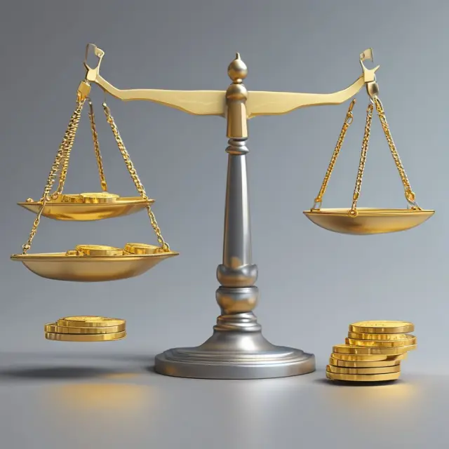 Golden debt coins and silver equity bricks on balance scales depicting the debt-to-equity ratio