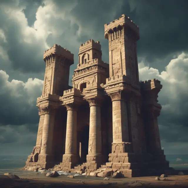 An ancient fortress made of pillars representing solvency ratios stands strong against the test of time, symbolizing a company