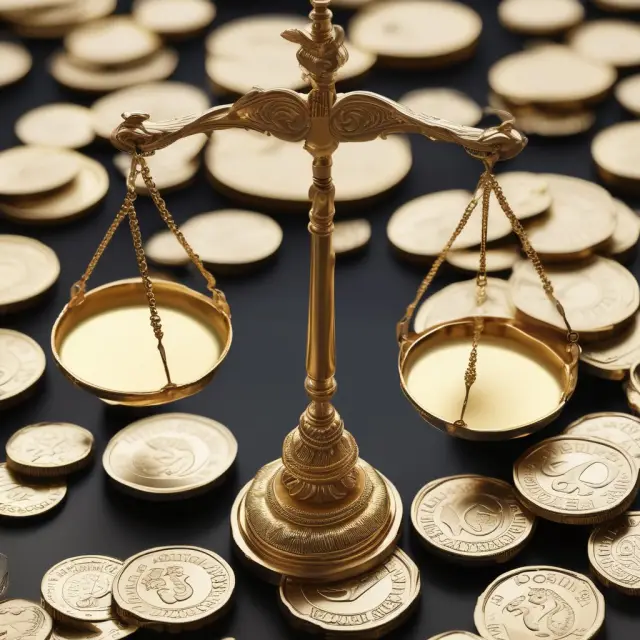 An ornate golden scale holds sterling coins to depict the calculation of the Sterling Overnight Index Average (SONIA) as a benchmark for U.K. short-term interest rates