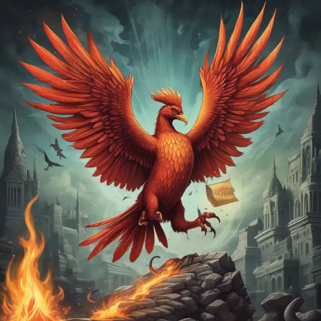 Phoenix emerging from flames, symbolizing rebirth, while SONIA