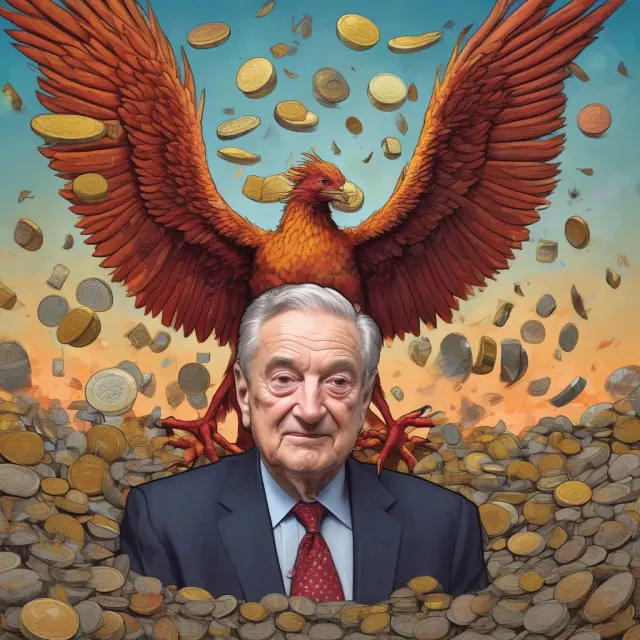 George Soros, depicted as a phoenix, soaring above crumbling British pound coins symbolizing his historic success