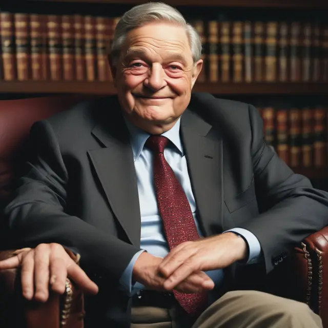 George Soros depicted as a skilled investor, navigating economic trends with a balance of deep knowledge and intuition