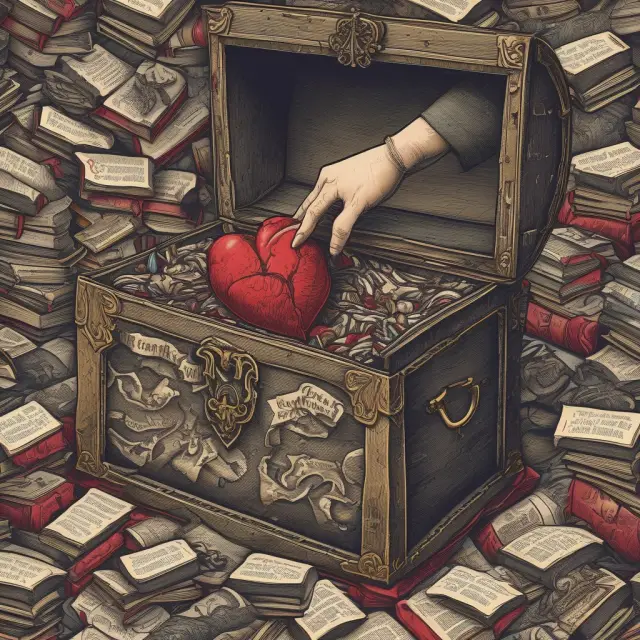 A hand opening a treasure chest, revealing books and human hearts, symbolizing George Soros