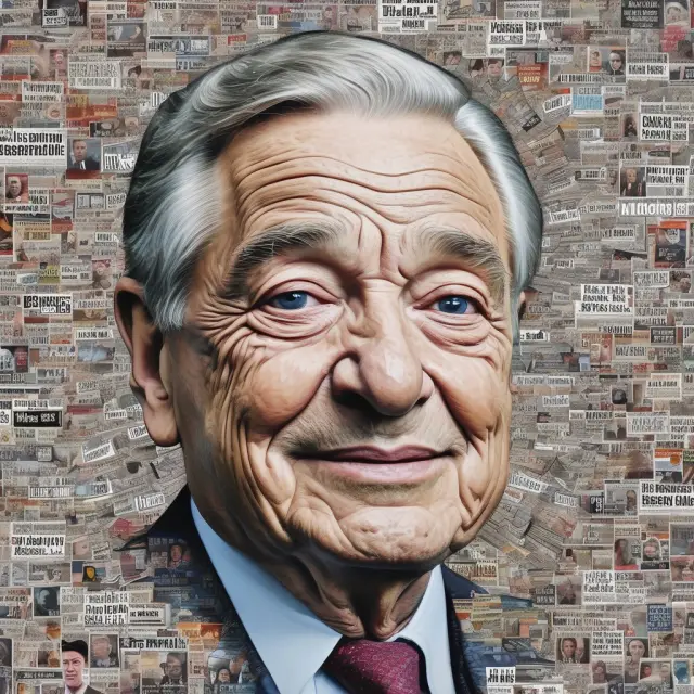 George Soros at the heart of a mosaic of news headlines, with swirling conspiracy theories in the background