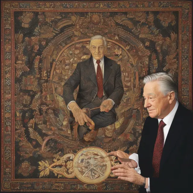 George Soros, depicted as a skilled weaver, working on a European crisis tapestry. Keywords: George Soros, Europe, Crisis, Weaving.