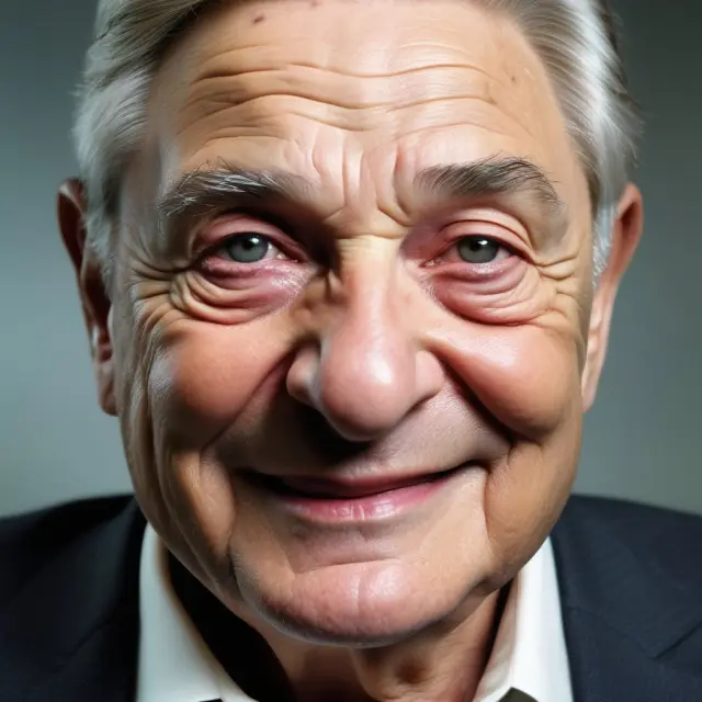 George Soros at his desk, symbolizing finance and investing, with a globe showing philanthropic efforts