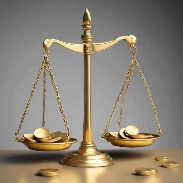 Two golden scales balanced between an image of a portfolio and downside deviation, demonstrating the Sortino ratio concept