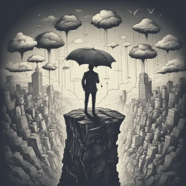 An investor holding an umbrella atop a cliff, representing risk management through downside deviation