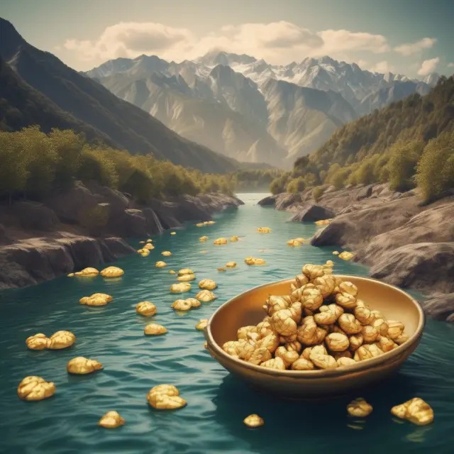 Two gold nuggets of varying sizes flow in a river beside a mountain range; the larger nugget symbolizes Investment B with better Sortino ratio, while the smaller one represents Investment A