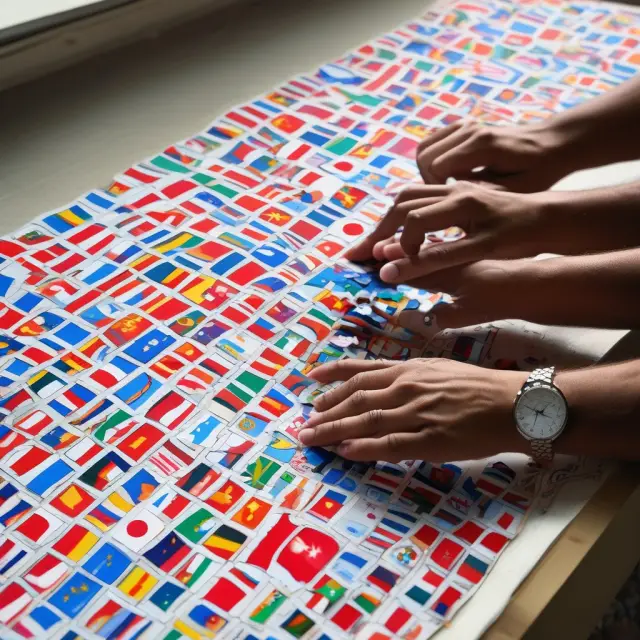 Image of several giant hands meticulously constructing jigsaw puzzles from national flags, representing sovereign wealth funds influencing their nations