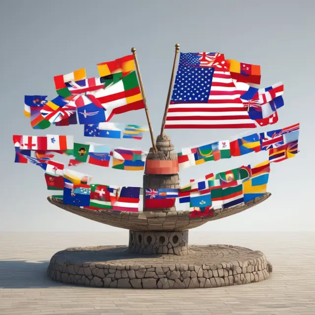 Flags representing various countries balanced on a see-saw, illustrating the political influence of sovereign wealth funds and their potential impact on economic stability.