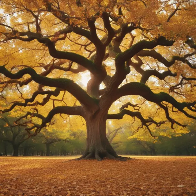 An ancient oak tree with golden leaves symbolizing the S&P 500 Dividend Aristocrats Index
