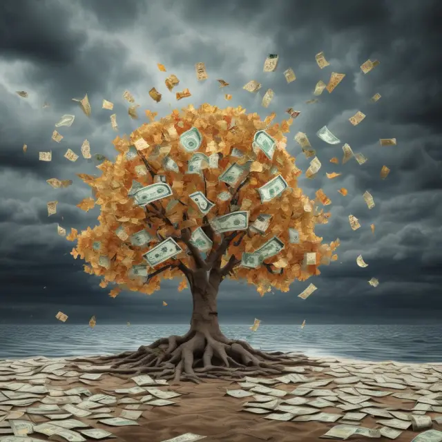 Golden tree symbolizing the S&P 500 Dividend Aristocrats, with stable ground for advantages and stormy sea for criticisms. Diverse financial landscape illustrates various investment aspects.