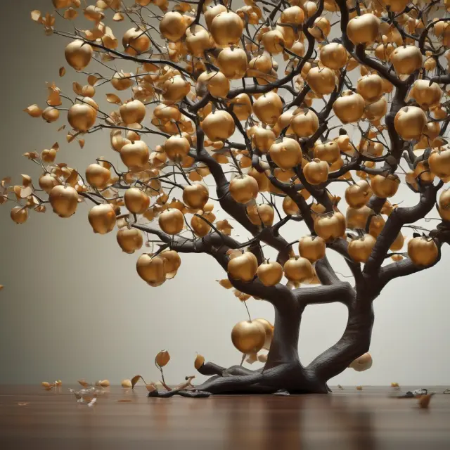 Golden apples growing on various trees symbolize the diverse companies in the S&P 500 Dividend Aristocrats Index, consistently increasing dividends for over two decades.