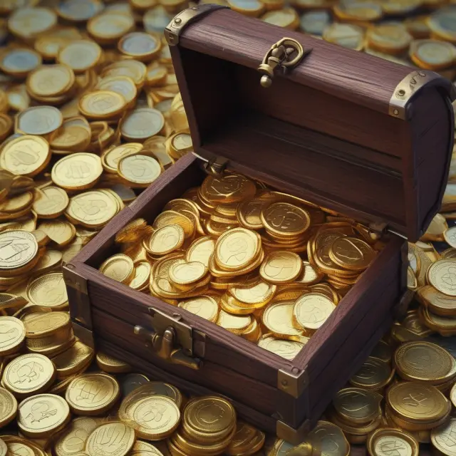 A treasure chest brimming with gold coins, representing the consistent dividends from S&P 500 Dividend Aristocrats.