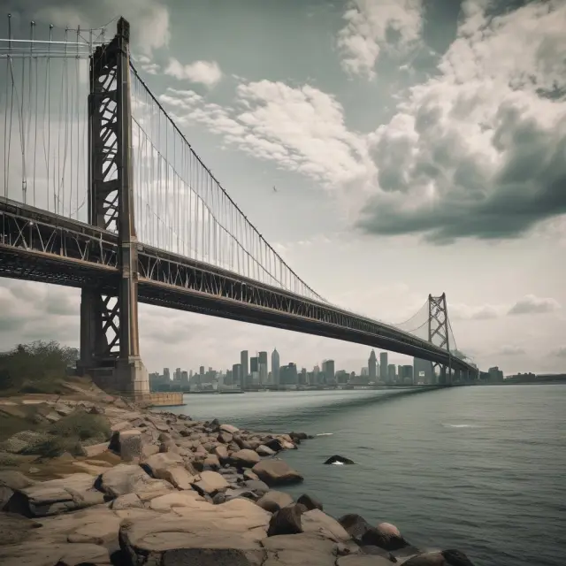 A giant S&P 500 index depicted as a sturdy bridge connects various sections of the financial landscape: markets, economy, investment community, researchers, and traders.