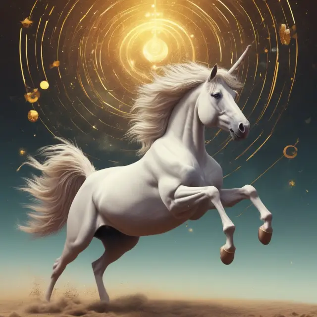 Golden unicorn charging towards a ticker symbol, representing the efficient and quick SPAC listing process.
