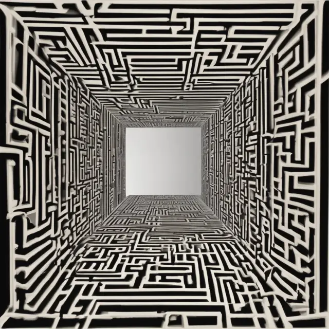 A reflective mirror revealing a winding maze of potential SPAC investments, highlighting the challenges for investors in finding clarity and making informed decisions.