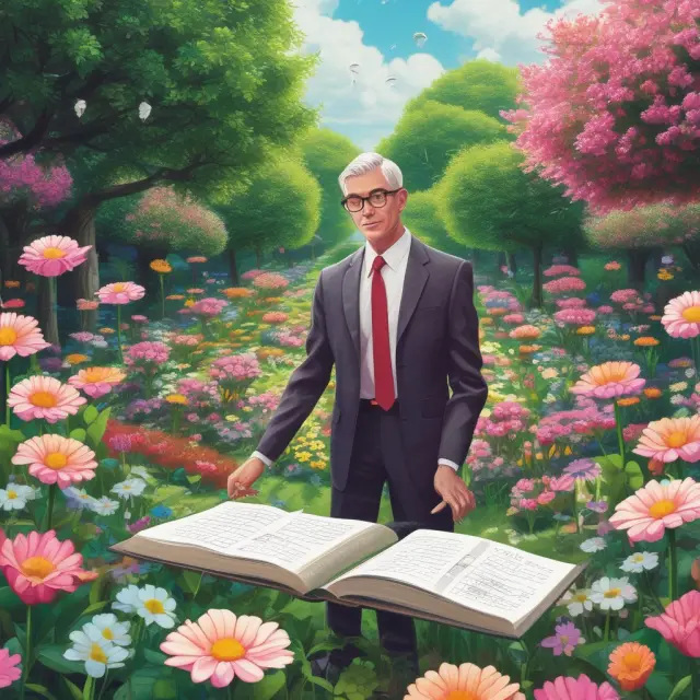 A lawyer tends to an enchanted garden filled with blooming flowers symbolizing FAQs, while guiding hands represent power of attorney