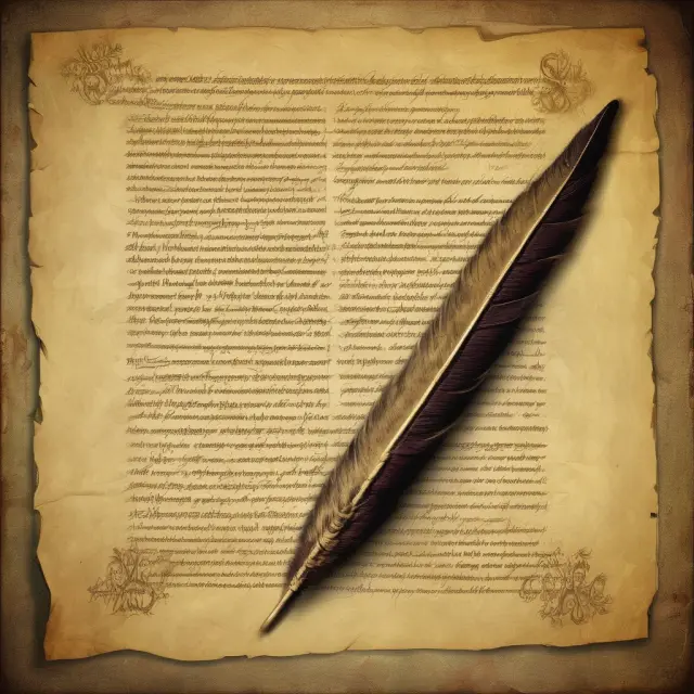 A person drafting a special warranty deed on an ancient parchment with a quill pen, surrounded by legal books and documents