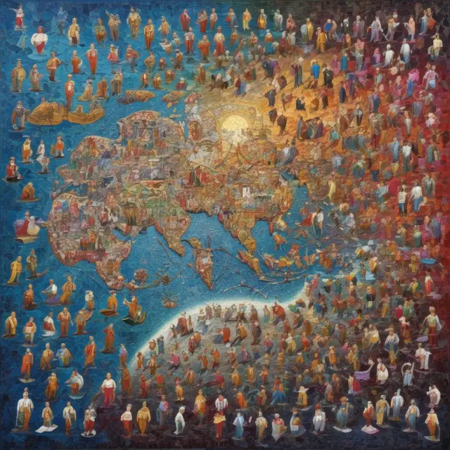 A diverse mosaic illustrating various individuals and firms, each contributing their unique piece to the complex global economy through specialization