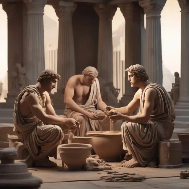 Greeks and Romans working together on their unique contributions to culture: pottery, philosophy, and engineering
