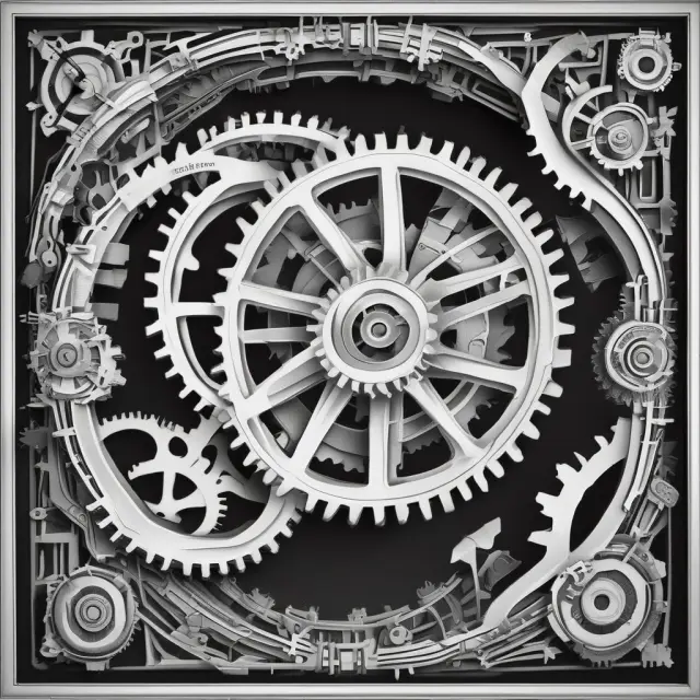 Interconnected gears representing countries engaged in global economic specialization, with technological advancements driving increased productivity